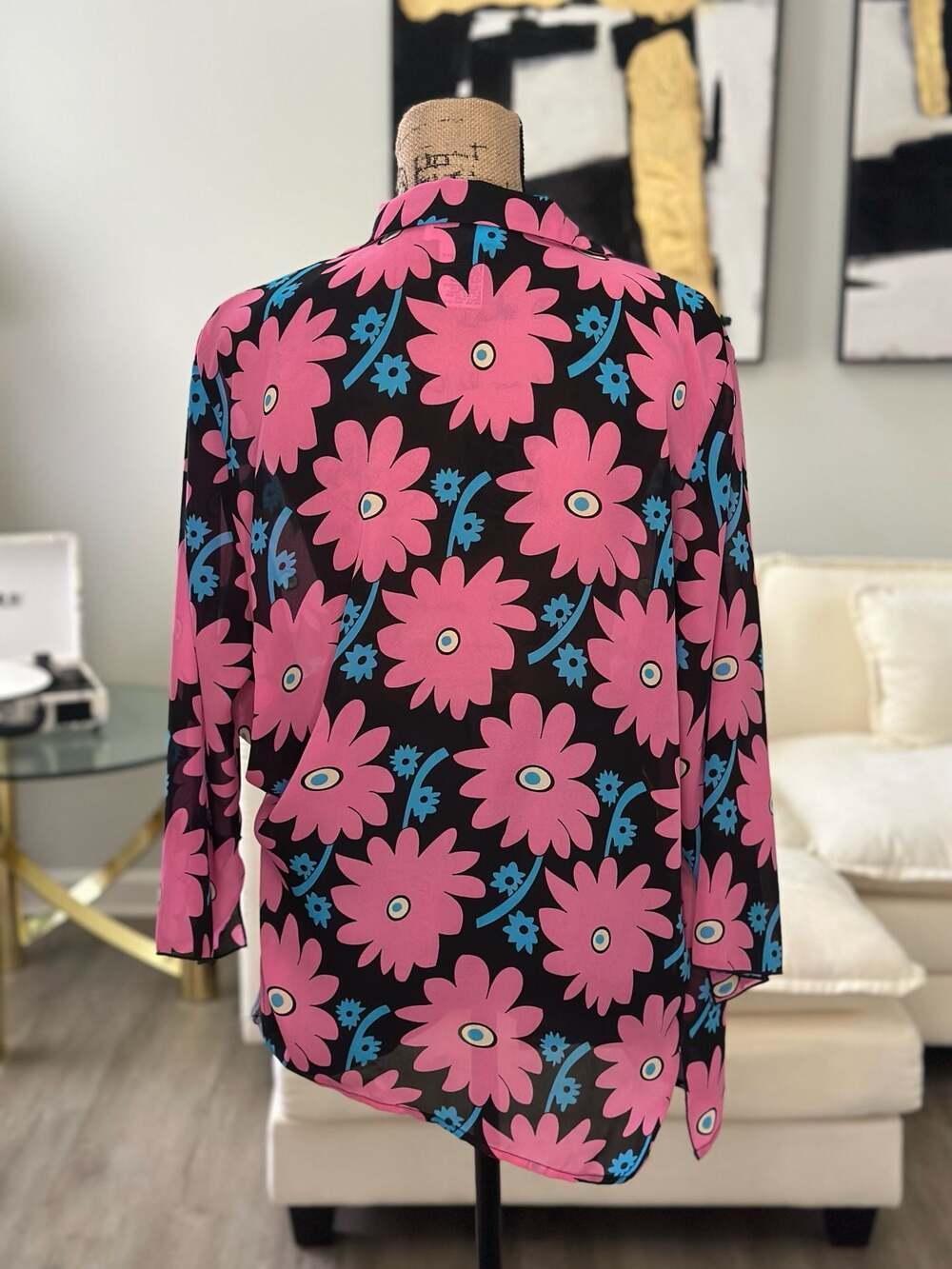 Dress-U By Sharon Pink Floral Long Sleeve Tie-Front Sheer Chiffon Top Size 18 - Picture 6 of 6